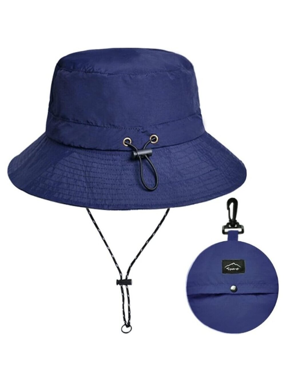 Unisex Navy 100% Nylon Wide Brim Uv Protection Chin Strap Packable Bucket Hat